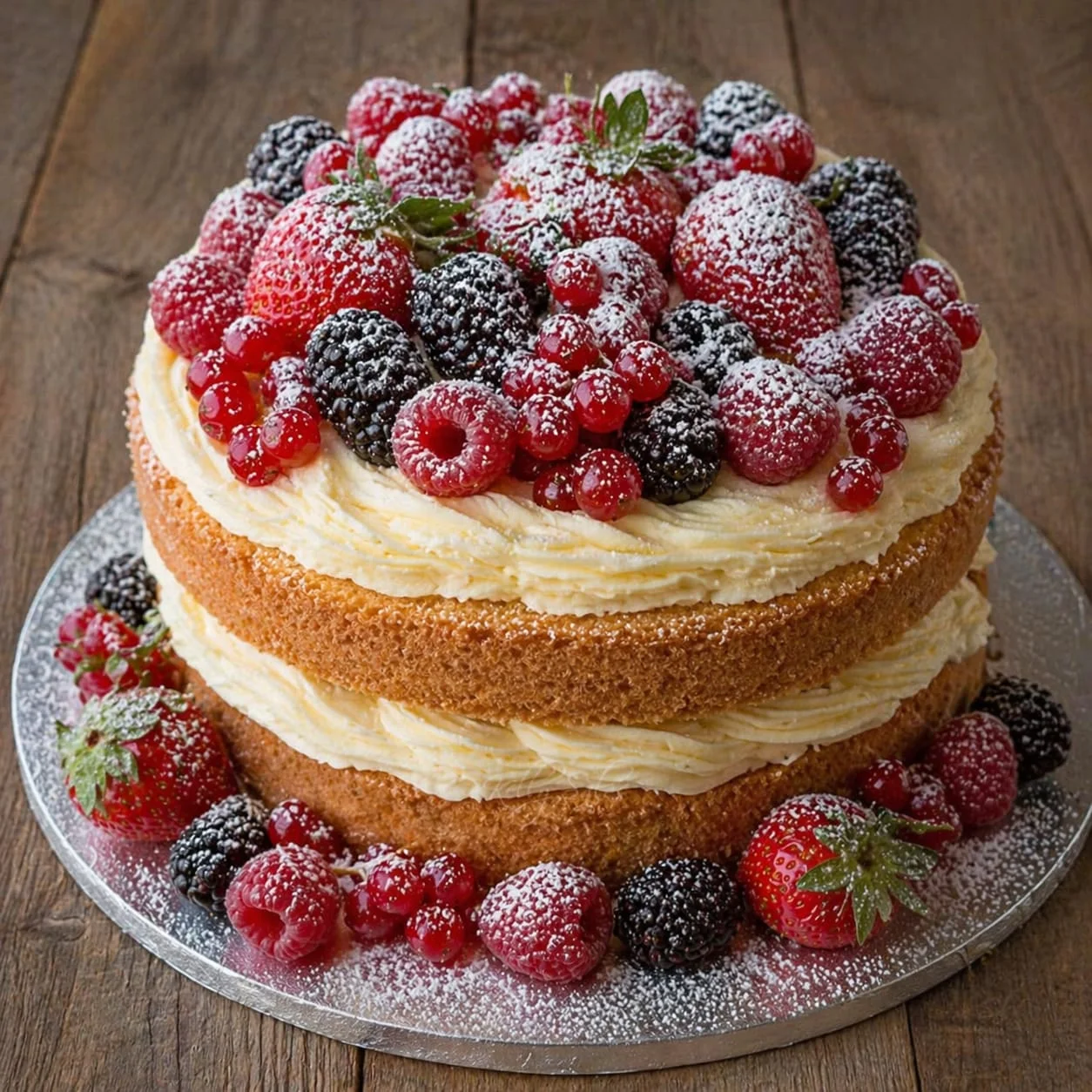 Naked cake com frutas vermelhas e açúcar